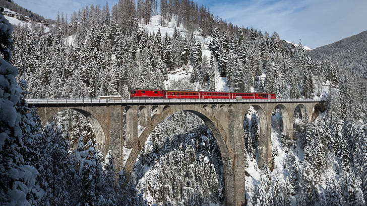 mountains, snow, train, red, Switzerland, Wiesen Viaduct, winter, HD wallpaper