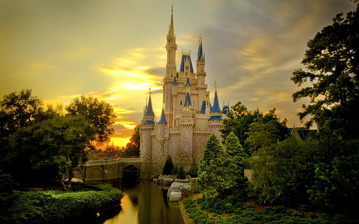 Disney Land, the sky, trees, pond, Castle, Cinderella Castle, HD wallpaper