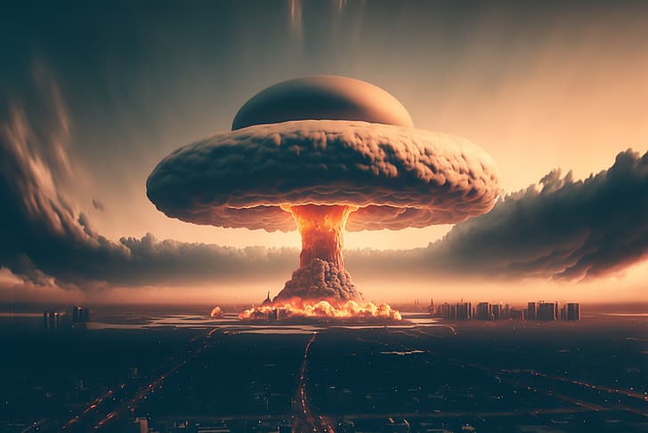 AI art, mushroom clouds, atomic bomb, city