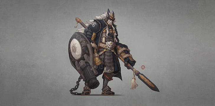 Fantasy, Samurai, Mask, Shield, Spear, Warrior