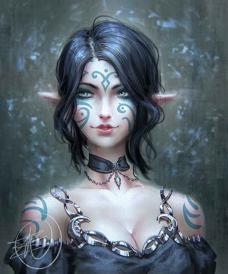 artwork, fantasy art, women, elves, dark hair, elf ears, HD wallpaper