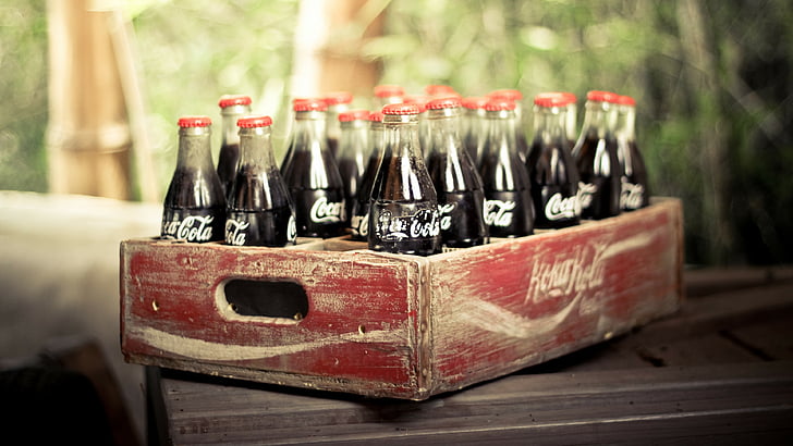 red and white wooden crate full of Coca-Cola bottles, drink, soda