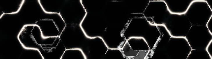 black and white wallpaper, multiple display, abstract, dark, hexagon, HD wallpaper