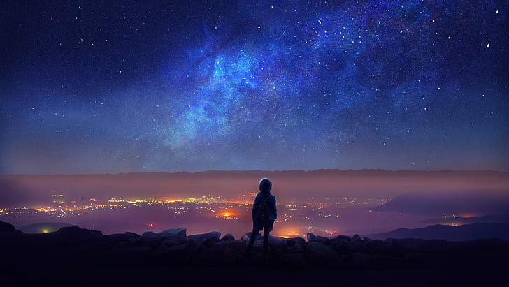 stars, backpacks, night, horizon, HD wallpaper