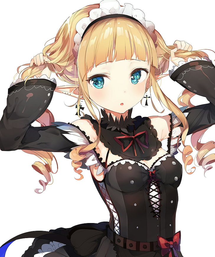 cleavage, corset, maid, pointed ears, white  background, blonde