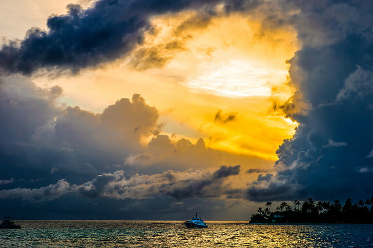 The Maldives, sea, boats, clouds, palm trees, shore, the sky
