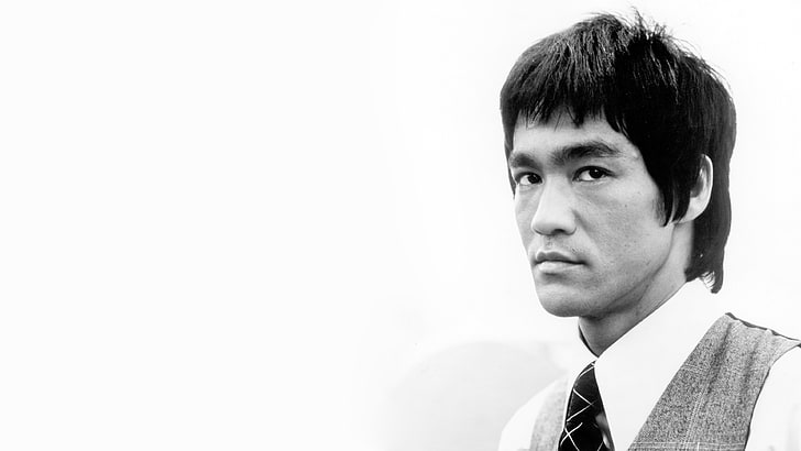 Bruce Lee, monochrome, Asian, closeup, simple background, actor