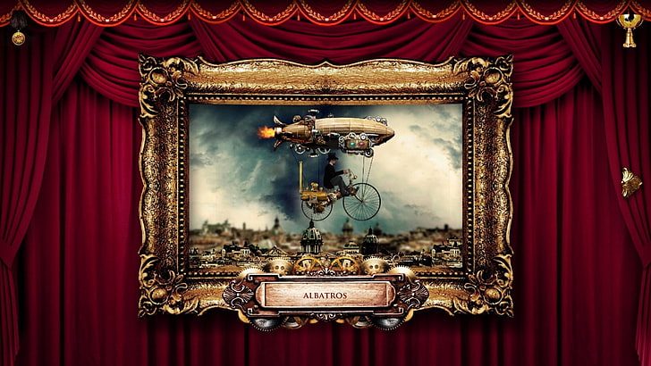 brown and black wooden photo frame, steampunk, gears, metal, Zeppelin, HD wallpaper