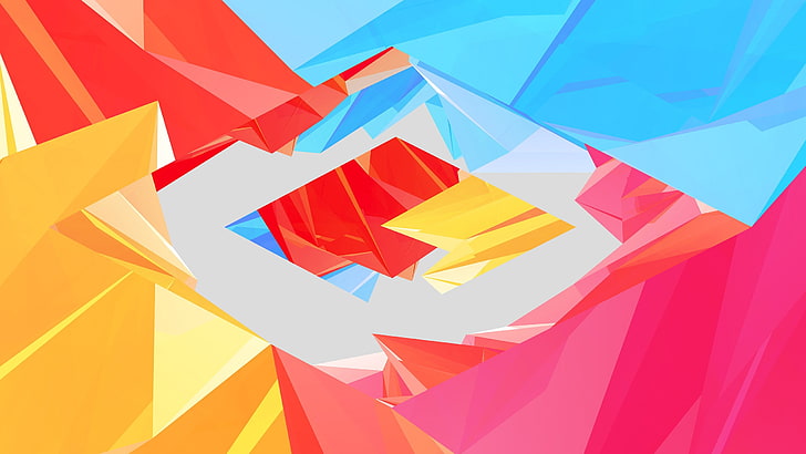 pink, blue, and yellow geometric digital wallpaper, abstract