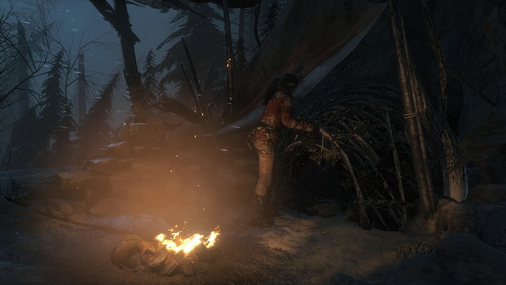 shelter, winter, Lara Croft, Rise of the Tomb Raider, campfire