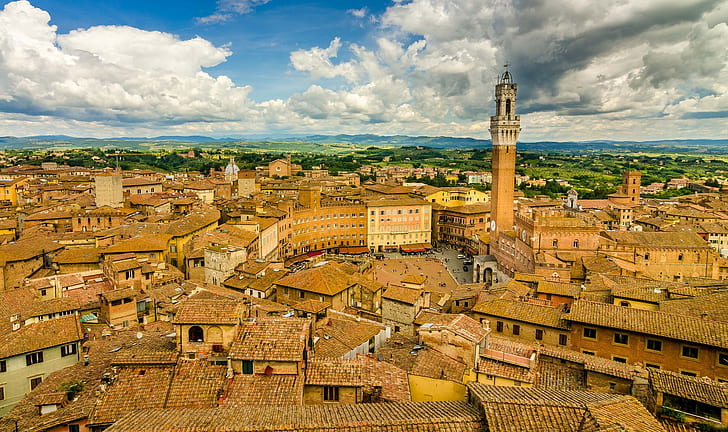 Siena, Tuscany, brown tower, Italy, Buildings, roofs, panorama