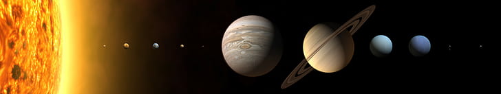 planet, planetary rings, space art, Solar System, triple screen, HD wallpaper