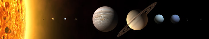 planet, space, triple screen, planetary rings, Solar System, HD wallpaper