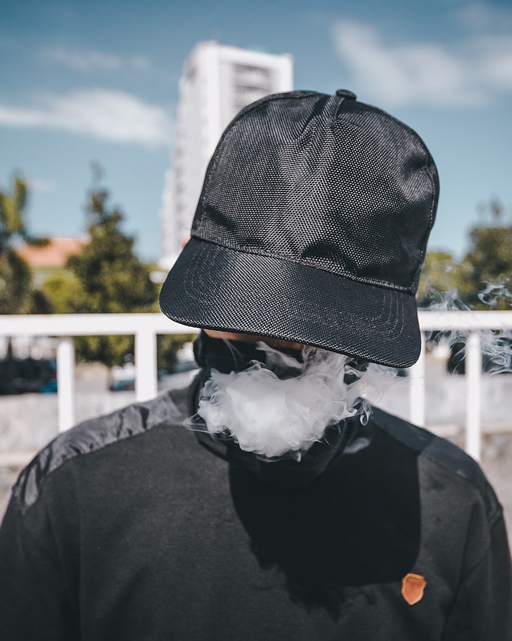 black and gray cap, black outfits, smoking, smoke, depth of field, HD wallpaper