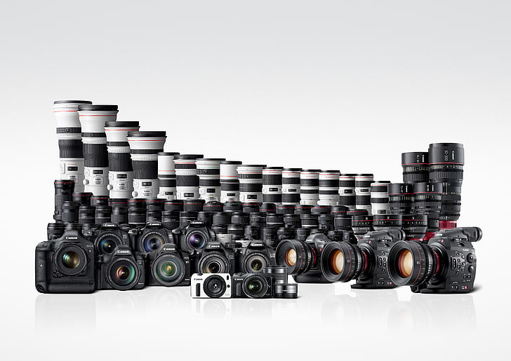 black DSLR camera lot, Wallpaper, white background, Canon, cameras