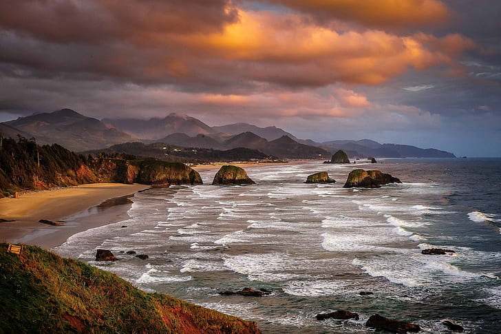 sea, the sky, landscape, mountains, clouds, rocks, Oregon, USA, HD wallpaper