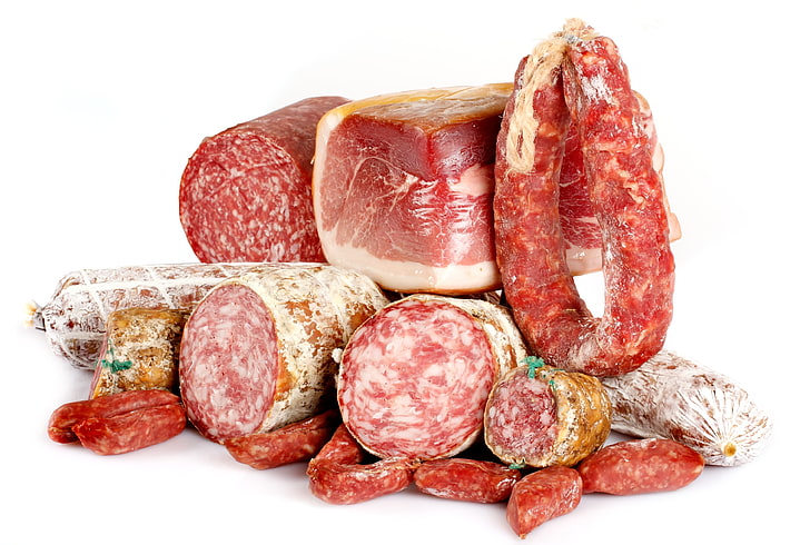 raw meats, sausage, food, beef, pork, salami, red, raw Food, fat