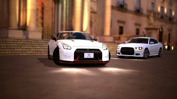 two white coupes, Gran Turismo 6, Nissan GT-R, car, motor vehicle, HD wallpaper