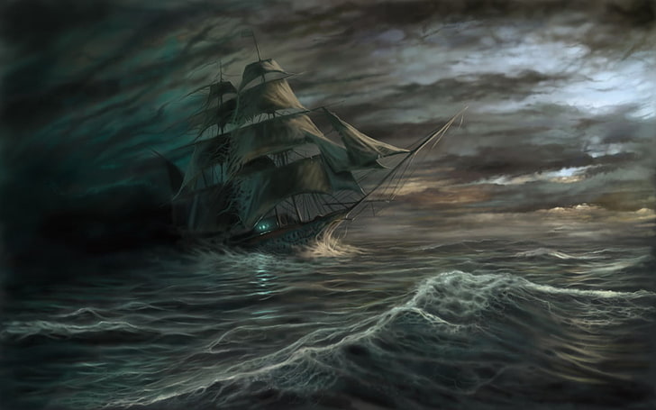 illustration of galleon ship, sea, wave, clouds, storm, Ghost