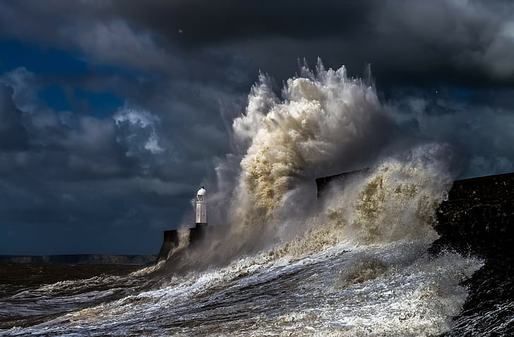 sea, storm, lighthouse, water, nature, coast, HD wallpaper