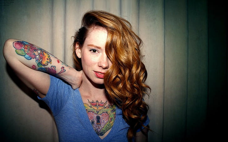 HD wallpaper: women curly hair tattoos redhead looking at viewer hattie watson
