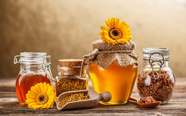 four clear glass jars, honey, flowers, sweet, yellow, food, organic