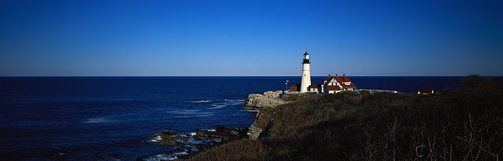 landscape, lighthouse, water, sea, tower, sky, built structure