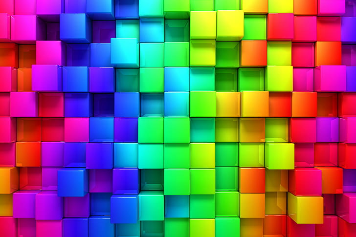 blocks, rainbow, 3d graphics, background, pink blue green yellow and purple box graphic, HD wallpaper