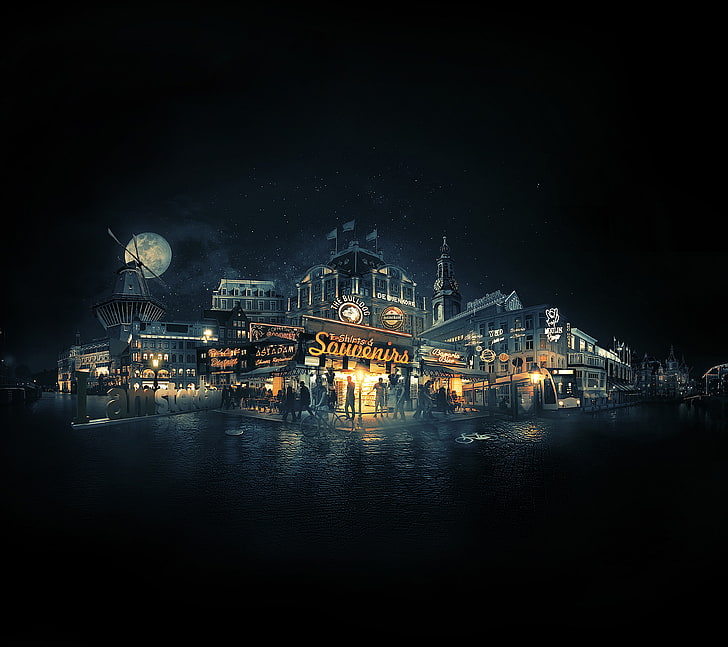 Cityscape, Amsterdam, 4K, Nightscape, illuminated, architecture, HD wallpaper