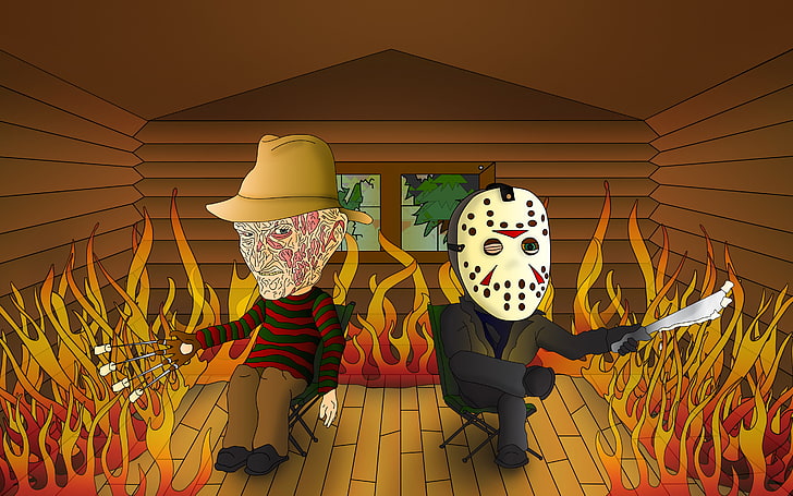 Freddy and Jason wallpaper, house, fire, Friday the 13th, the trick