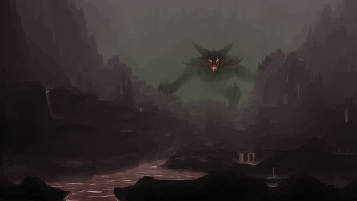 monster chasing village digital wallpaper, landscape, fantasy art