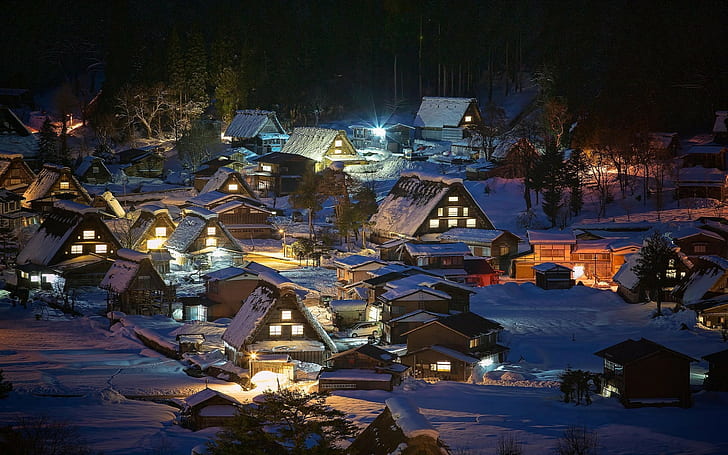 landscape nature village lights japan snow winter night trees house shirakawa go