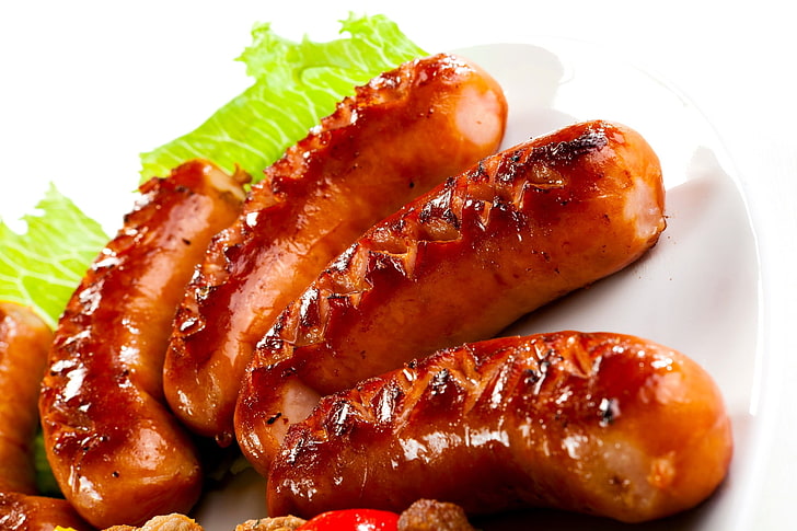 four sausages, meat, herbs, roasted, food, grilled, cooked, dinner, HD wallpaper