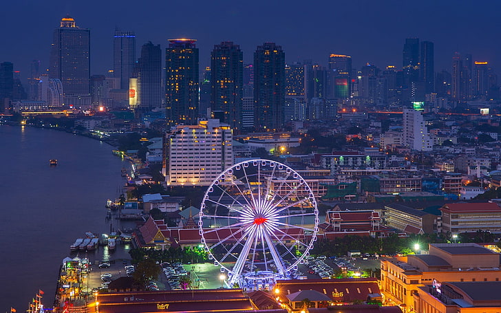 Thailand, cityscape, city lights, coast, ferris wheel, building