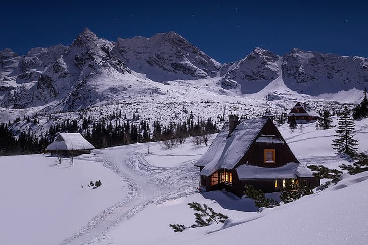 winter, snow, mountains, house, Tatra National Park, Slovakia, HD wallpaper