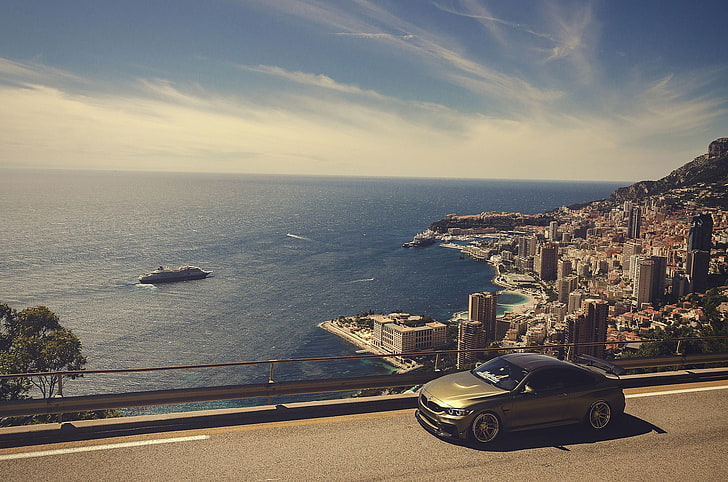 Monaco, sea, car, road, sky, clouds, BMW, BMW M4, transportation