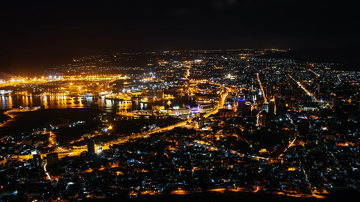 aerial view of lighted city buildings, lights, street light, artificial lights, HD wallpaper