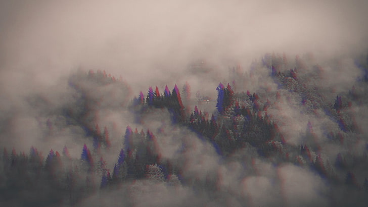 foresttrees, 3D, anaglyph 3D, clouds, fog, environment, land, HD wallpaper