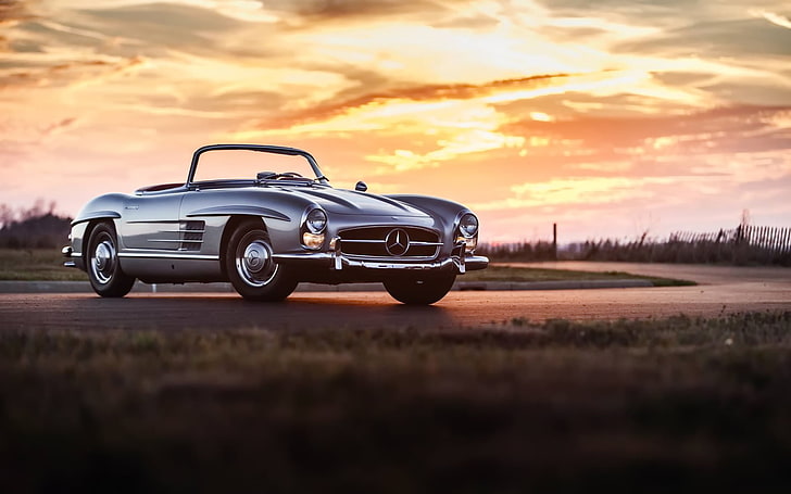 vintage silver Mercedes-Benz convertible, car, classic, retro, HD wallpaper