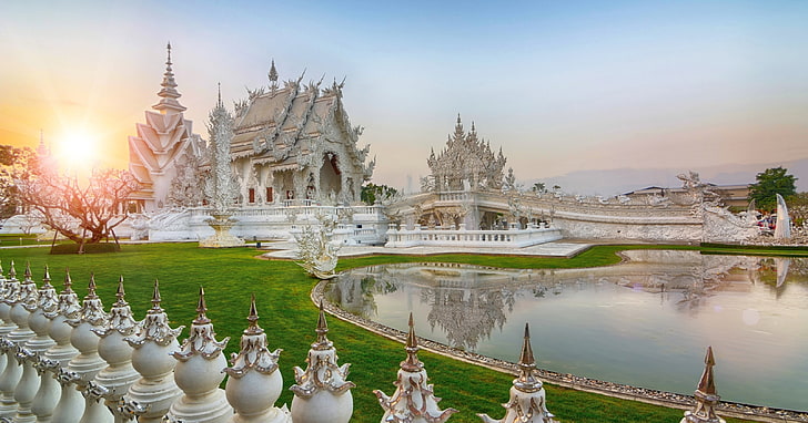 white concrete castle, Thailand, temple, Sun, sky, green, water, HD wallpaper