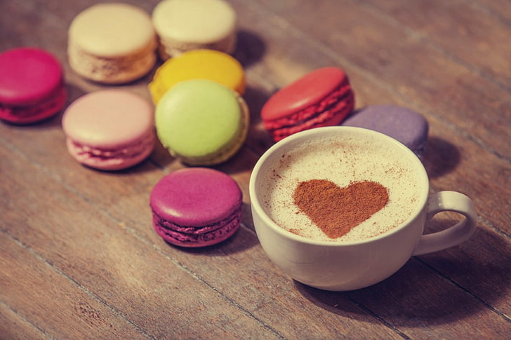 white ceramic espresso mug, love, heart, coffee, milk, cookies, HD wallpaper