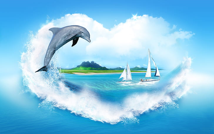 HD wallpaper: Creative Image, heart-shaped clouds, sea, sailing, dolphin |  Wallpaper Flare