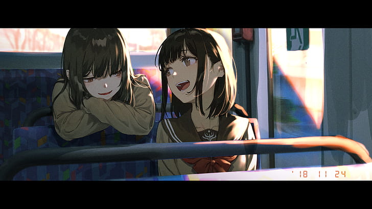 anime girls, schoolgirl, buses, two women, smiling, happy, artwork
