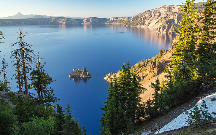 brown mountain with body of water, Crater Lake, Oregon, Sunset, HD wallpaper