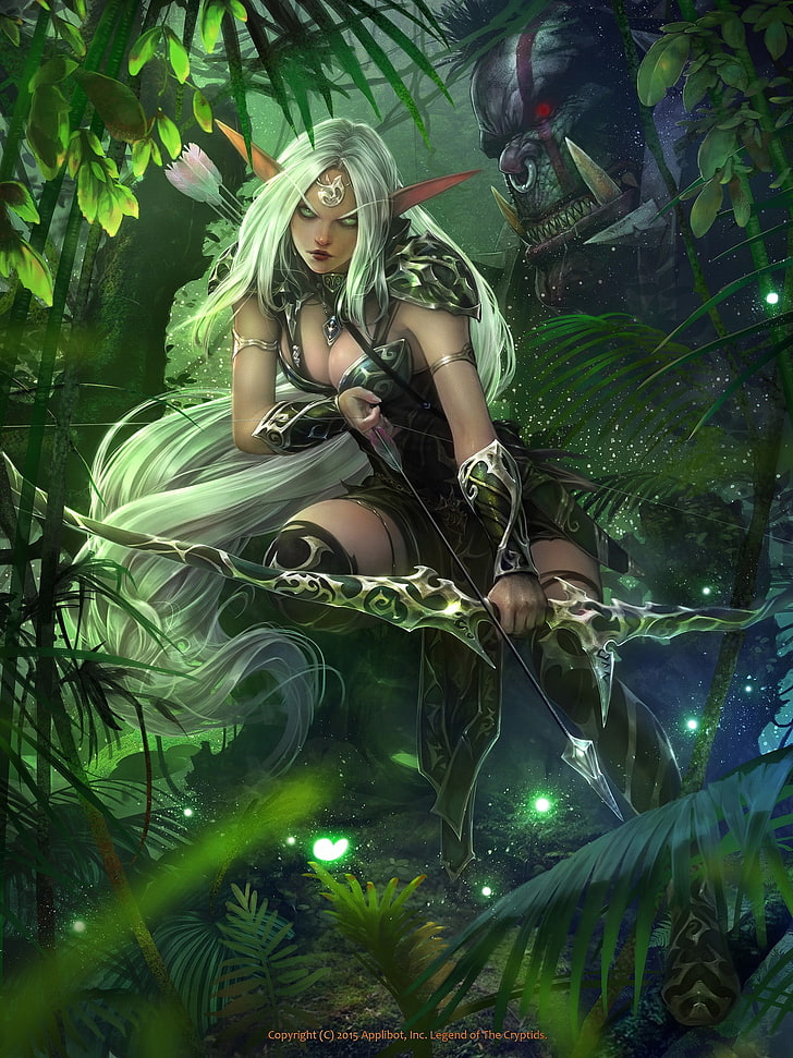 fantasy art, archer, tree, plant, one person, leaf, green color