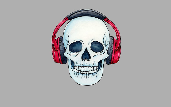 skull using headphones illustration, minimalism, skeleton, sake
