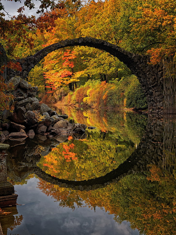 bridge, river, reflection, landscape, fall, colorful, Germany, HD wallpaper
