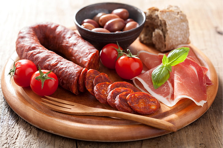 sausage and tomatoes, photo, Food, products, Meat, Ham, pork, HD wallpaper
