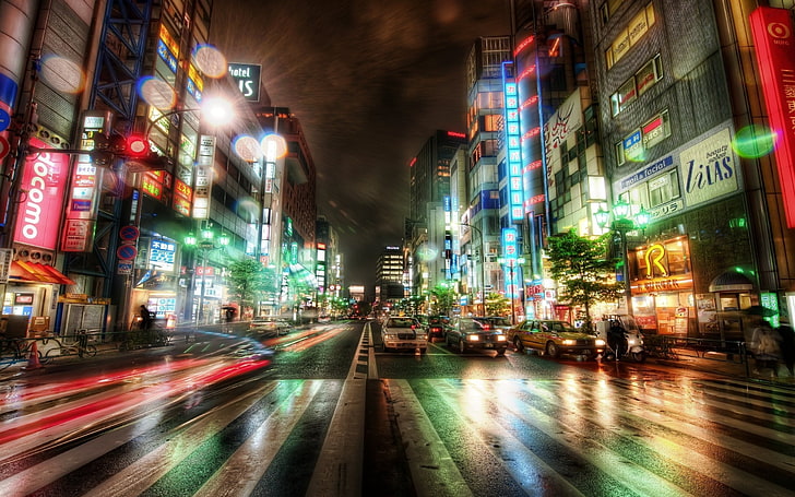 black concrete road, Tokyo, city, traffic, lights, neon, long exposure
