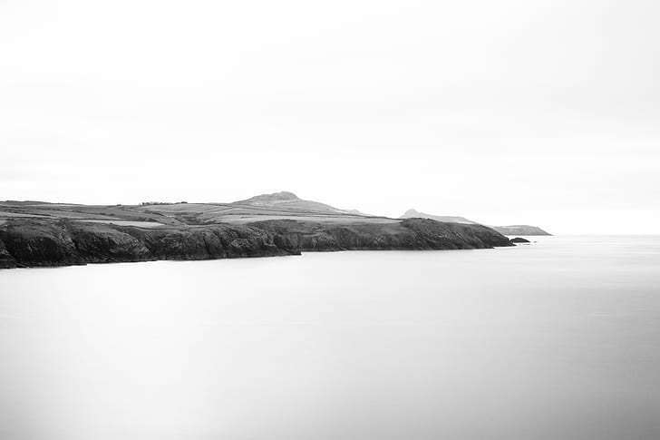 grayscale landscape photo of lake, welsh, welsh, Coastline, Pembrokeshire